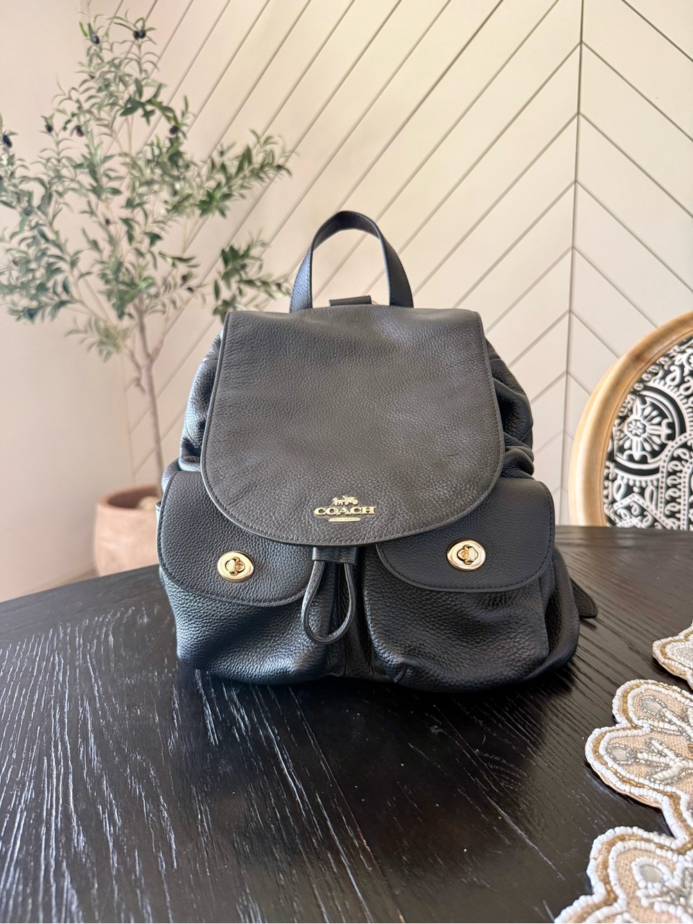 Coach Black Pebbled Leather Mini Backpack with Gold Hardware